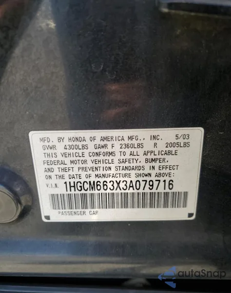 2003 Honda Accord Lx from USA, damaged, VIN 1HGCM663X3A079716